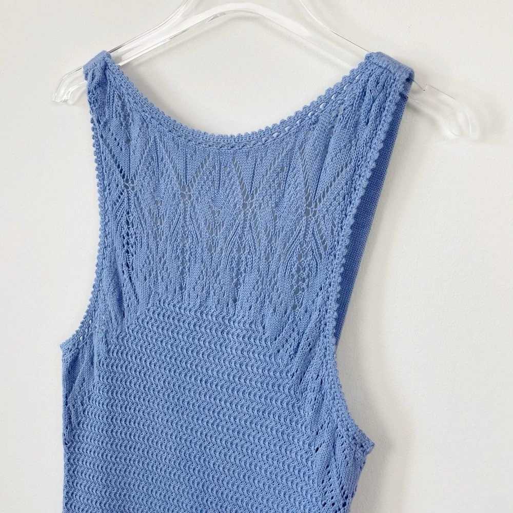 Free People Beach Knit Low Back Dress Sz  XL Crochet Blue Coverup Stretch -Note! - Picture 4 of 14
